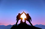 stock-photo-the-silhouette-of-two-man-with-success-gesture-standing-on-the-top-of-mountain-109553405